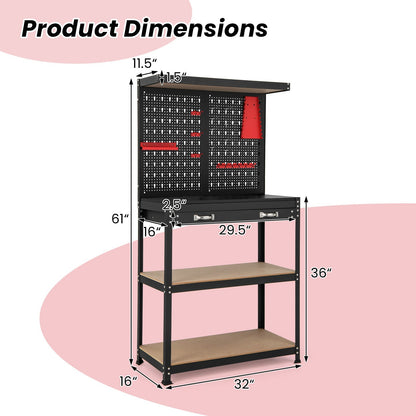 Tool Storage Workbench with Pegboard Shelves and Drawers-Red