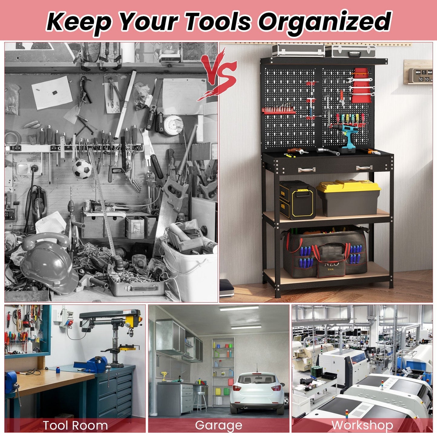 Tool Storage Workbench with Pegboard Shelves and Drawers-Red
