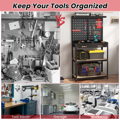 Tool Storage Workbench with Pegboard Shelves and Drawers-Red