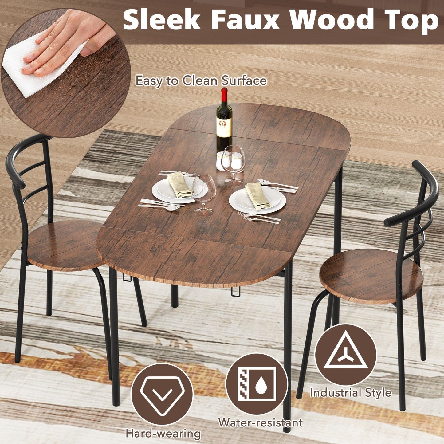 3 Pcs Foldable Dining Table Set Expandable Table with 2 Chairs-Rustic Brown