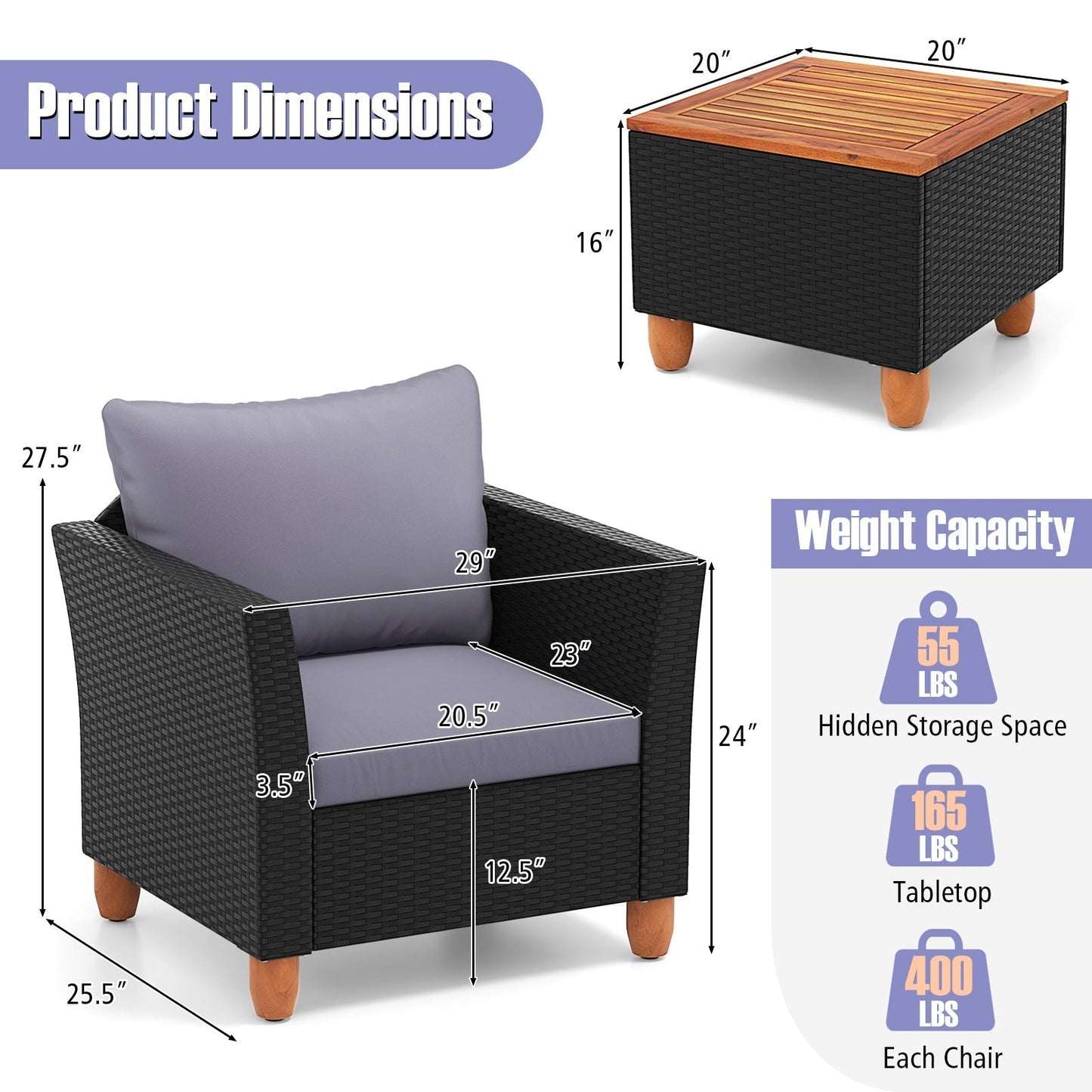 3 Pieces Patio Porch Furniture Set with Cushions and Storage Table-Grey