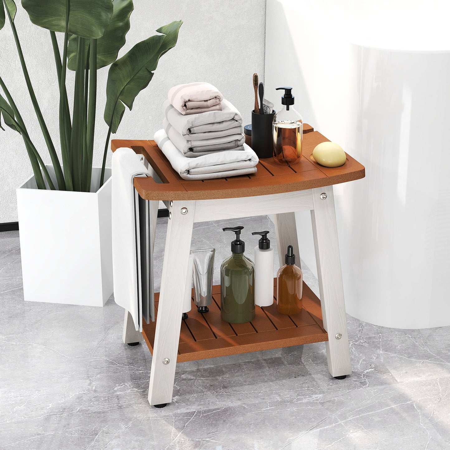 HIPS Shower Bench Seat with Handle Shower Head-Brown&White