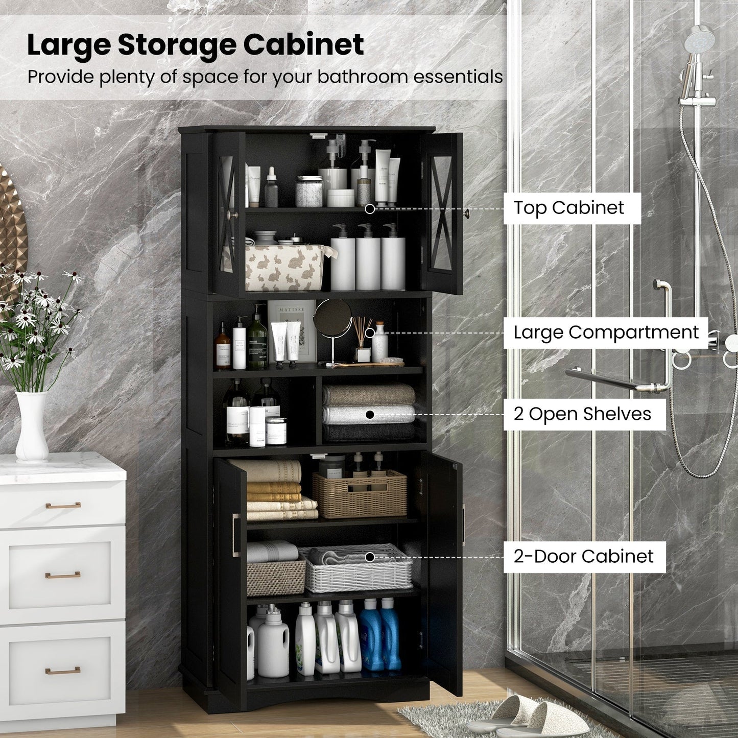 Tall Bathroom Cabinet Large Floor Storage Cabinet with Acrylic Doors and 3 Cubes-Black