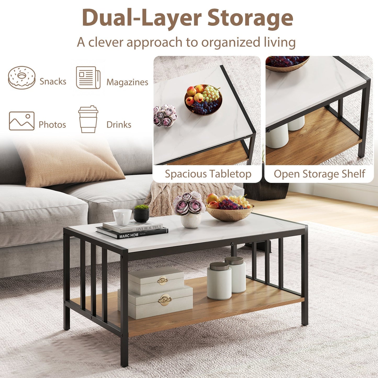 Rectangular Center Table with Sintered Stone Tabletop-White