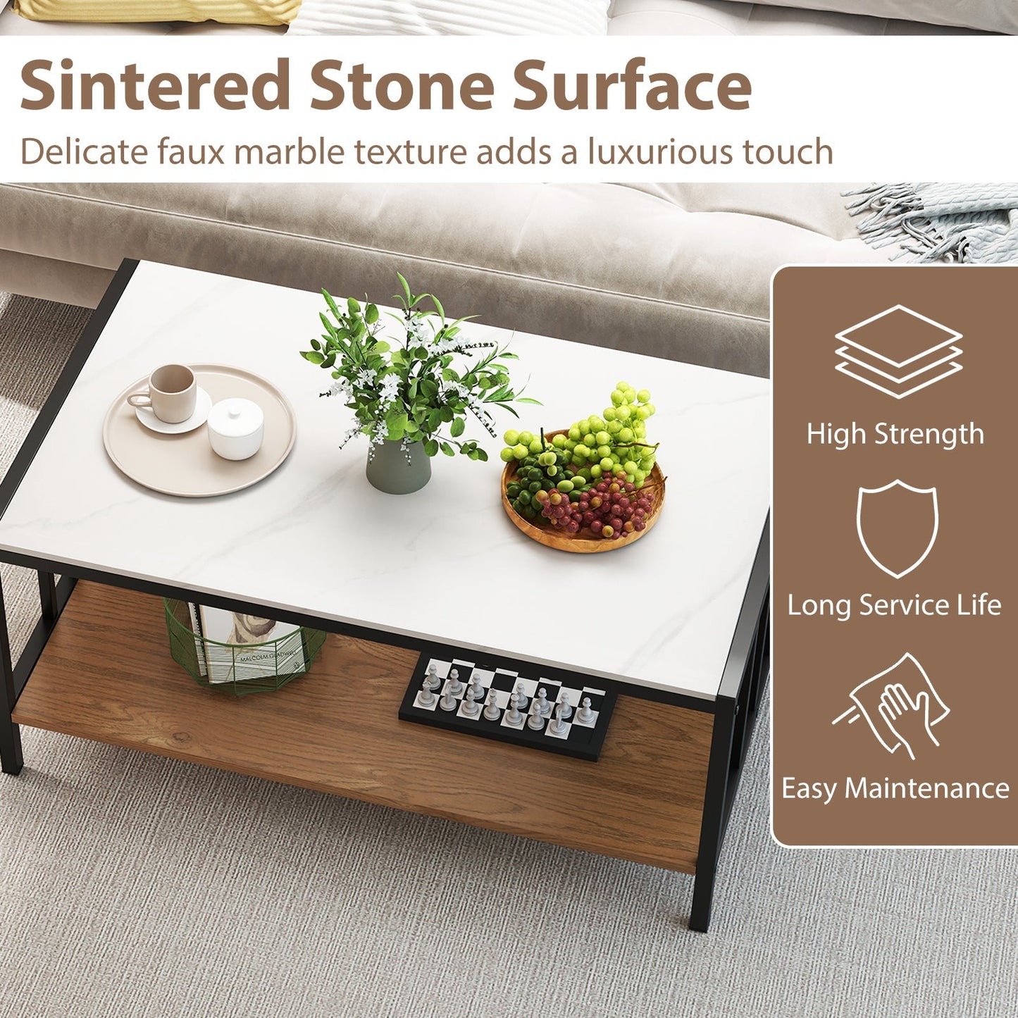 Rectangular Center Table with Sintered Stone Tabletop-White