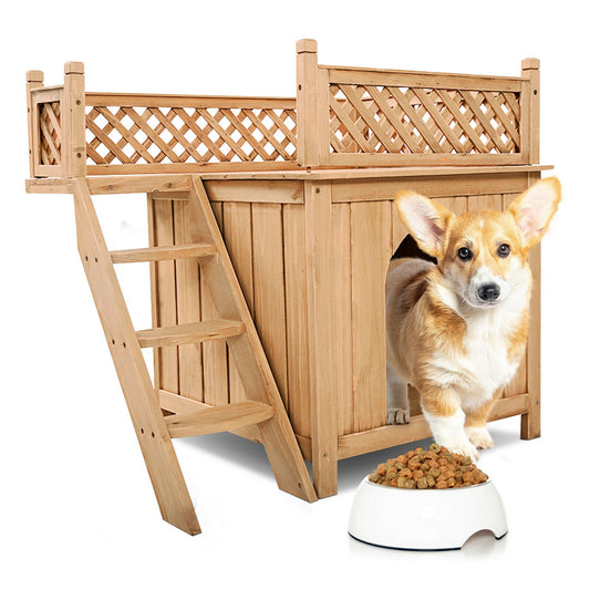 Wooden Dog / Cat House with Raised Roof Balcony & Ladder