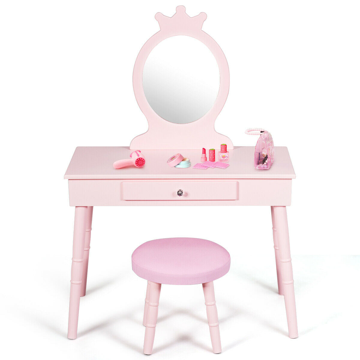 Child's Dressing Table and Cushioned Stool Set-Pink