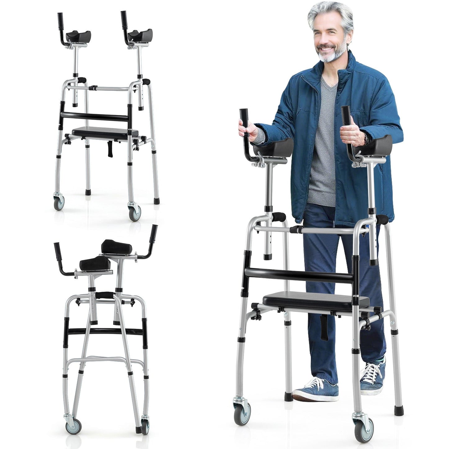 Versatile Rolling Walker with Padded Seat and  2 Premium Wheels-Silver