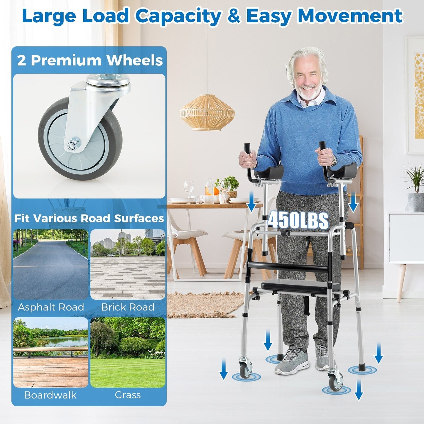 Versatile Rolling Walker with Padded Seat and  2 Premium Wheels-Silver