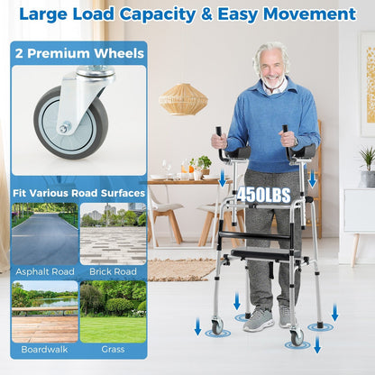 Versatile Rolling Walker with Padded Seat and  2 Premium Wheels-Silver