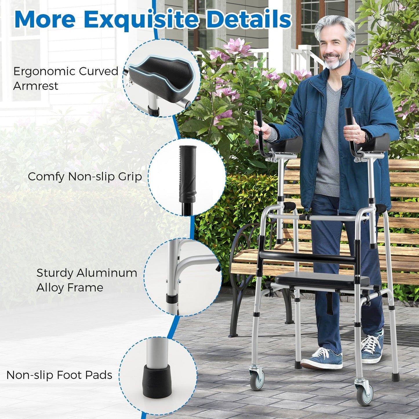 Versatile Rolling Walker with Padded Seat and  2 Premium Wheels-Silver