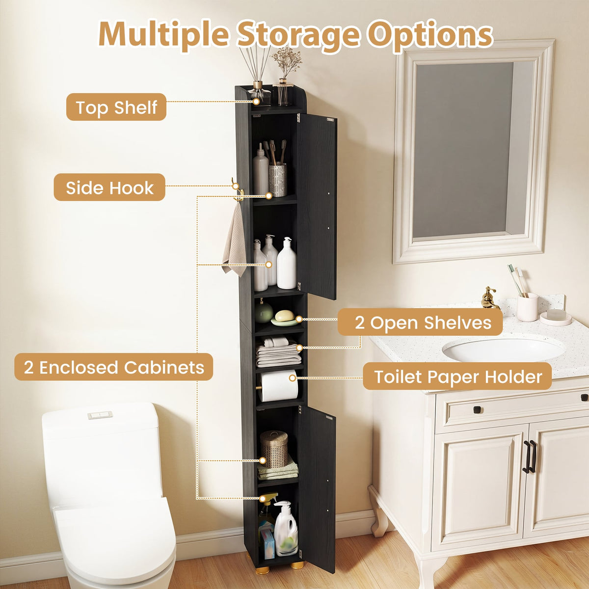 176.5cm Tall Storage Organizer with 2 Doors and Adjustable Shelves-Black