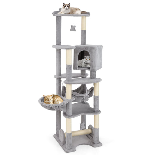 176 cm Multi-level Cat Tree with Hammock Jumping Platforms and Hanging Toys