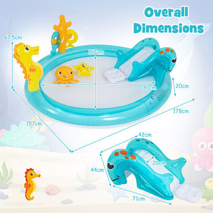 178 x 157 x 67.5 cm Inflatable Play Center with Slide and Seahorse-shaped Sprinkle for Backyard