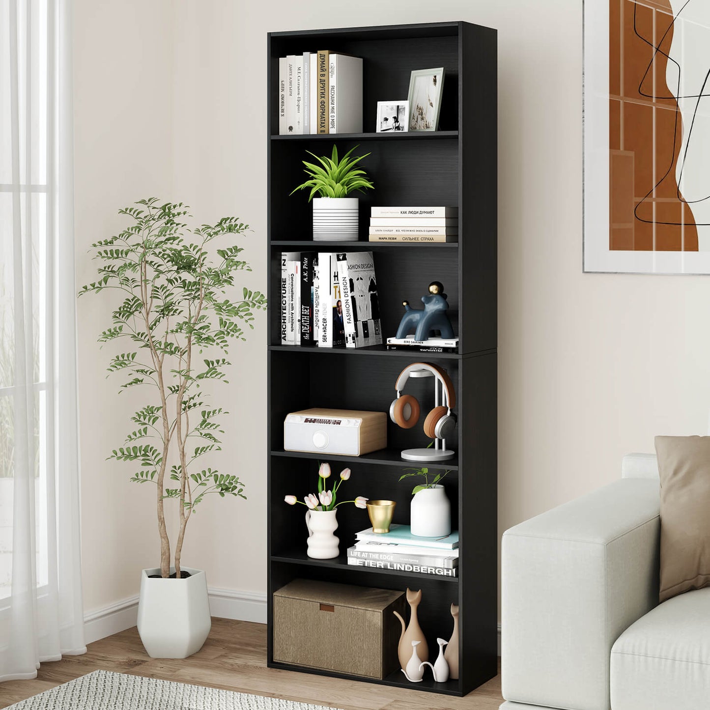 178cm 6-Tier Bookcase Display Rack with Foot Pads-Black