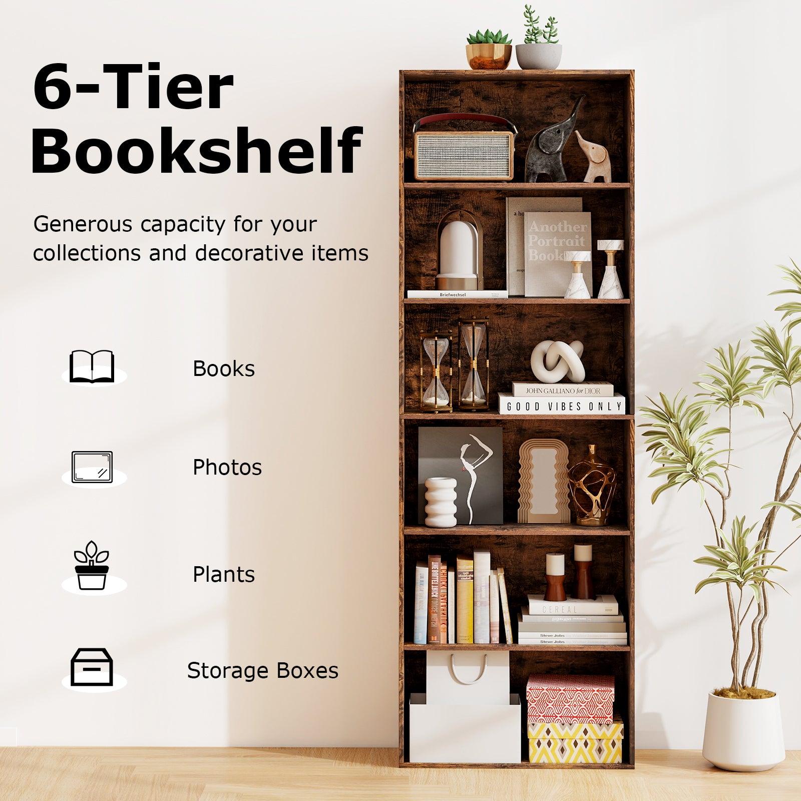 178cm 6-Tier Bookcase Display Rack with Foot Pads-Rustic Brown