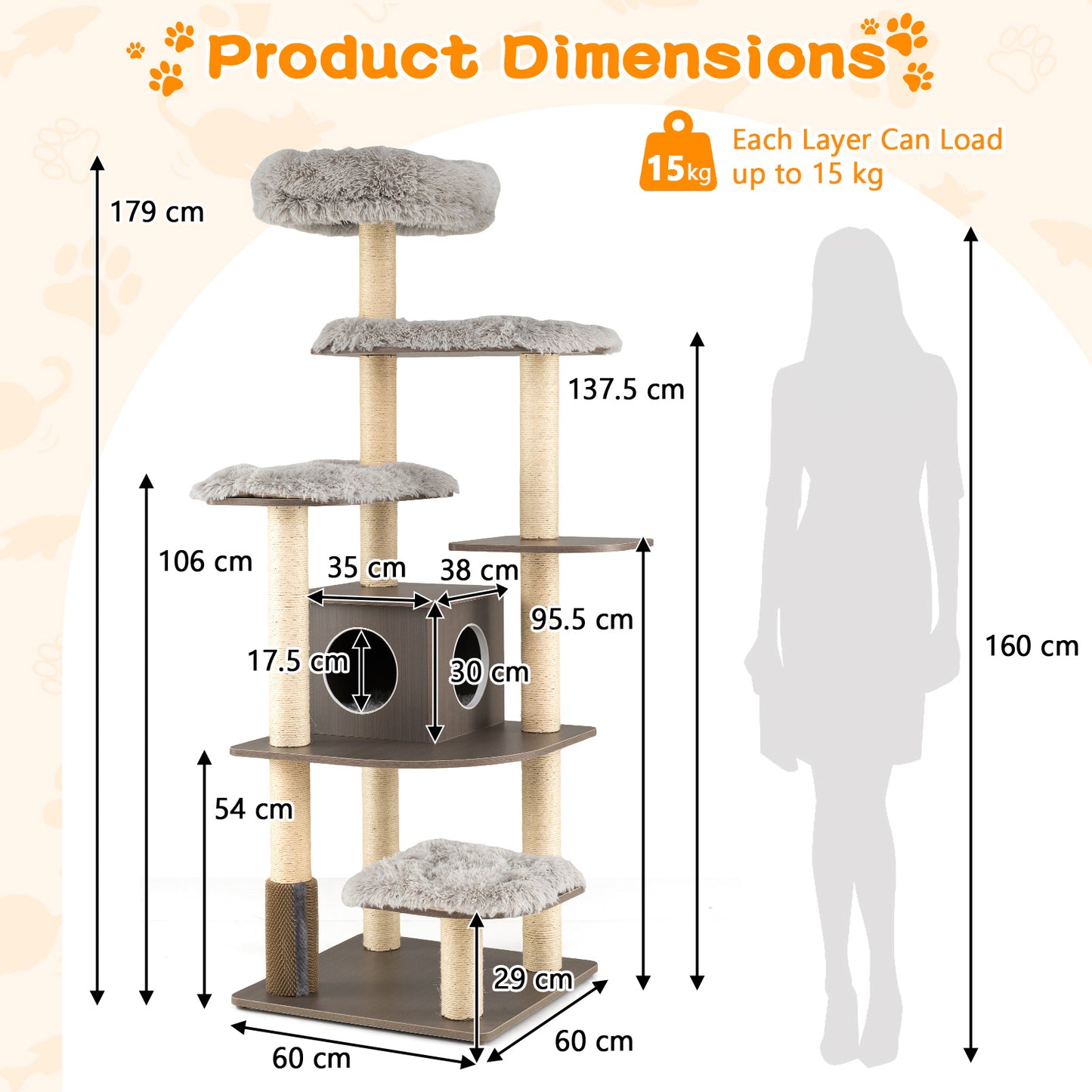 179 cm Tall Wooden Cat Tree with Sisal Scratching Posts-Grey