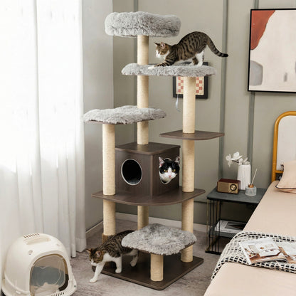 179 cm Tall Wooden Cat Tree with Sisal Scratching Posts-Grey