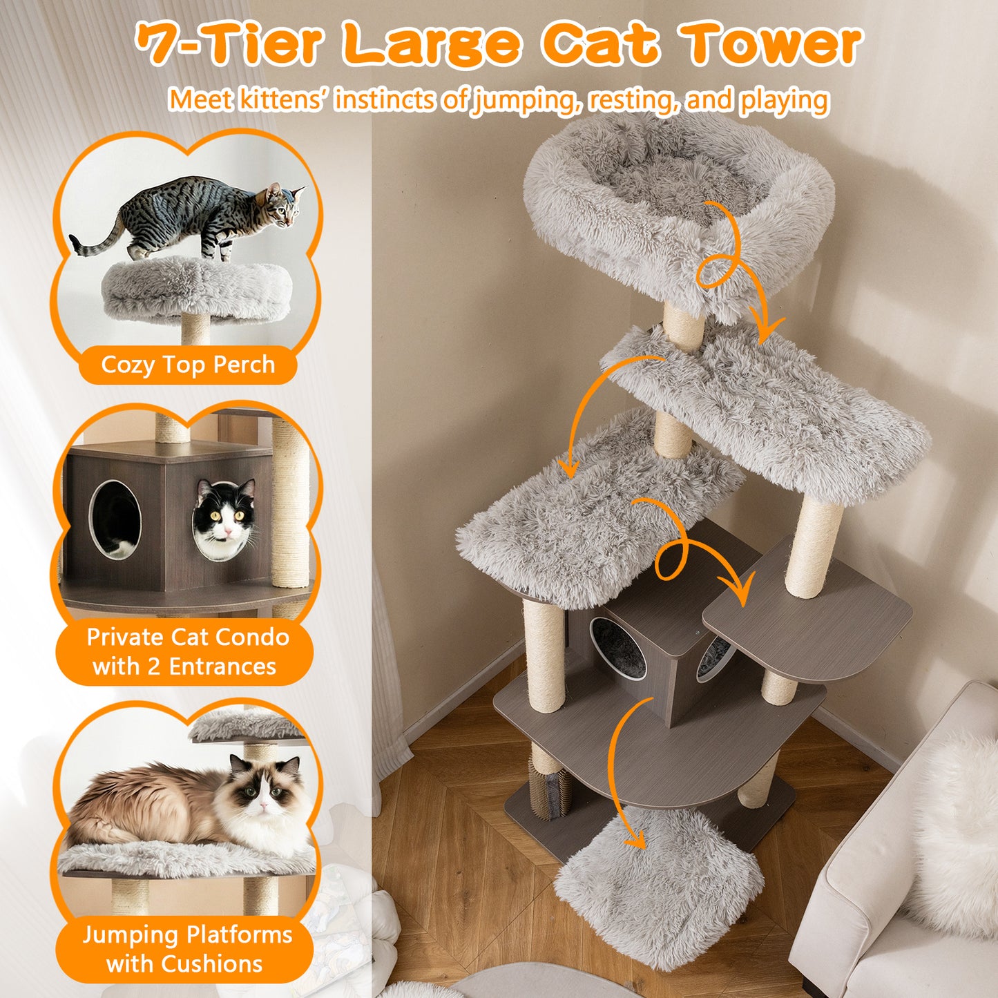 179 cm Tall Wooden Cat Tree with Sisal Scratching Posts-Grey