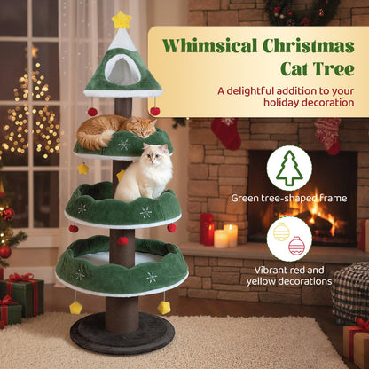 179 CM Tall Christmas Cat Tree Multi-Level Kitten Tower with 3 Plush Platforms-Green