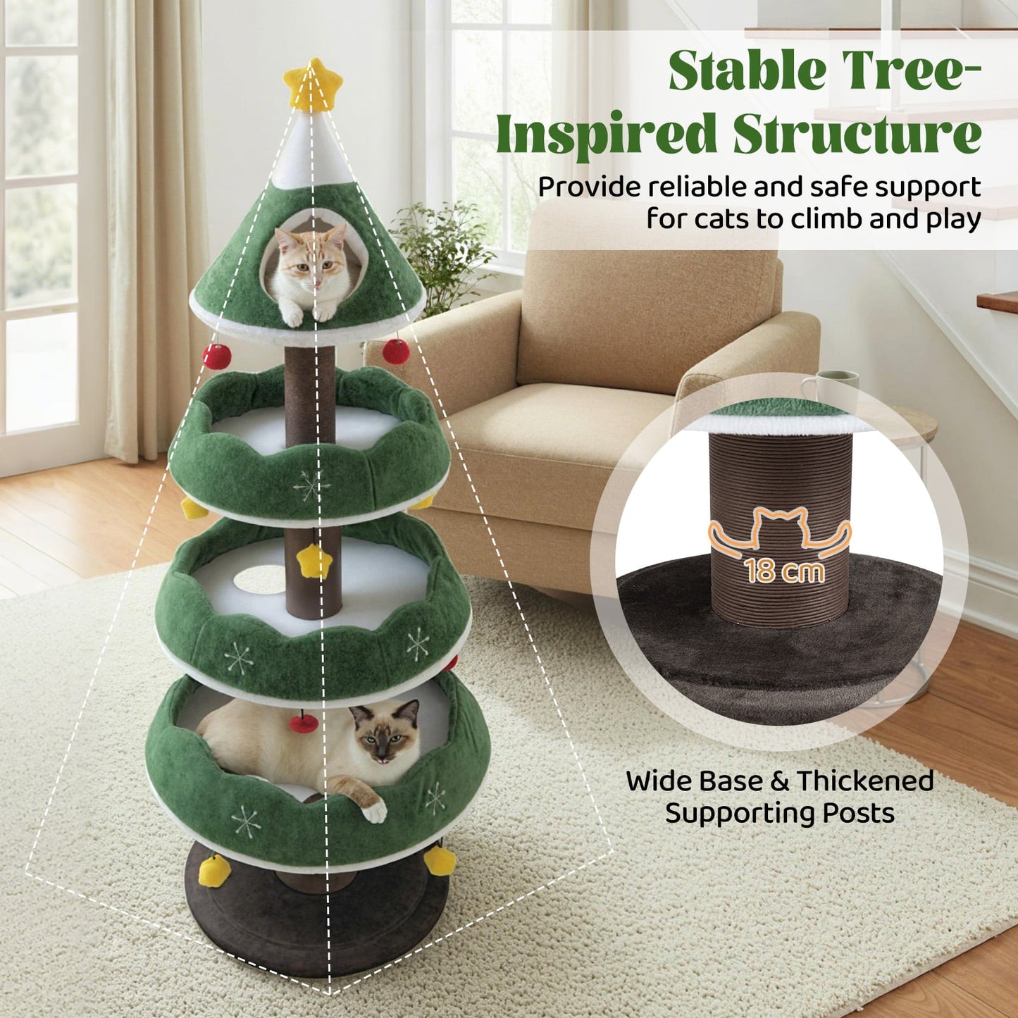 179 CM Tall Christmas Cat Tree Multi-Level Kitten Tower with 3 Plush Platforms-Green