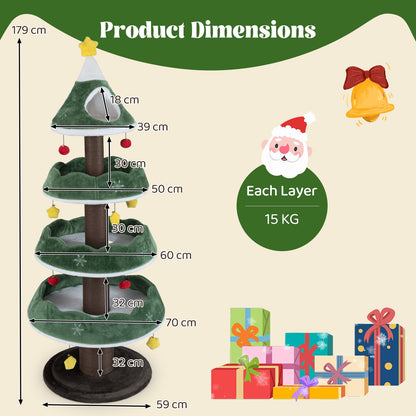 179 CM Tall Christmas Cat Tree Multi-Level Kitten Tower with 3 Plush Platforms-Green