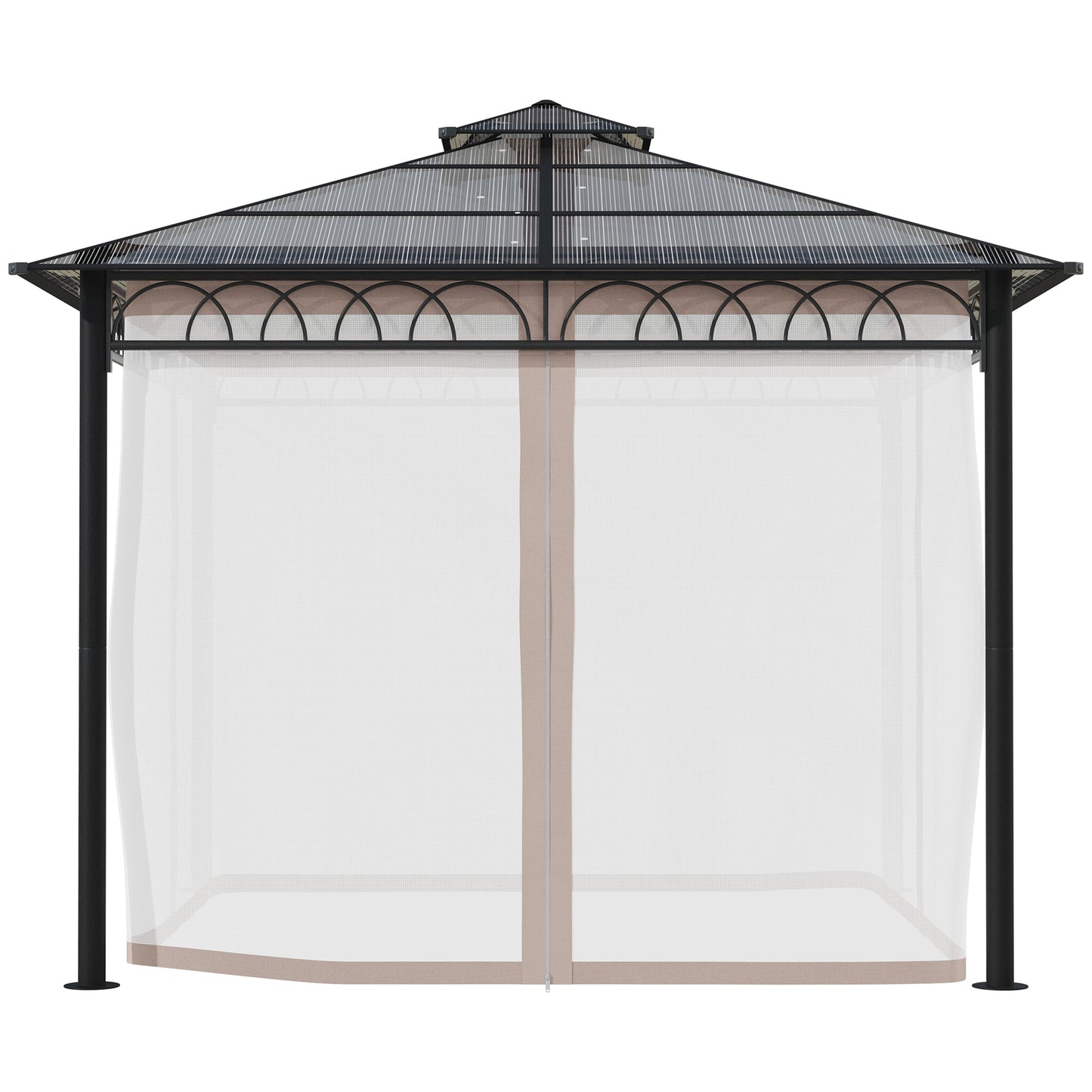 Outsunny 3 x 3 (m) Outdoor Polycarbonate Gazebo, Double Roof Hard Top Gazebo with Galvanised Steel Frame, Nettings & Curtains for Garden, Lawn, Patio and Deck