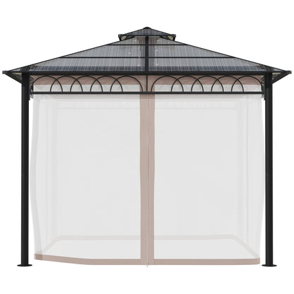 Outsunny 3 x 3 (m) Outdoor Polycarbonate Gazebo, Double Roof Hard Top Gazebo with Galvanised Steel Frame, Nettings & Curtains for Garden, Lawn, Patio and Deck