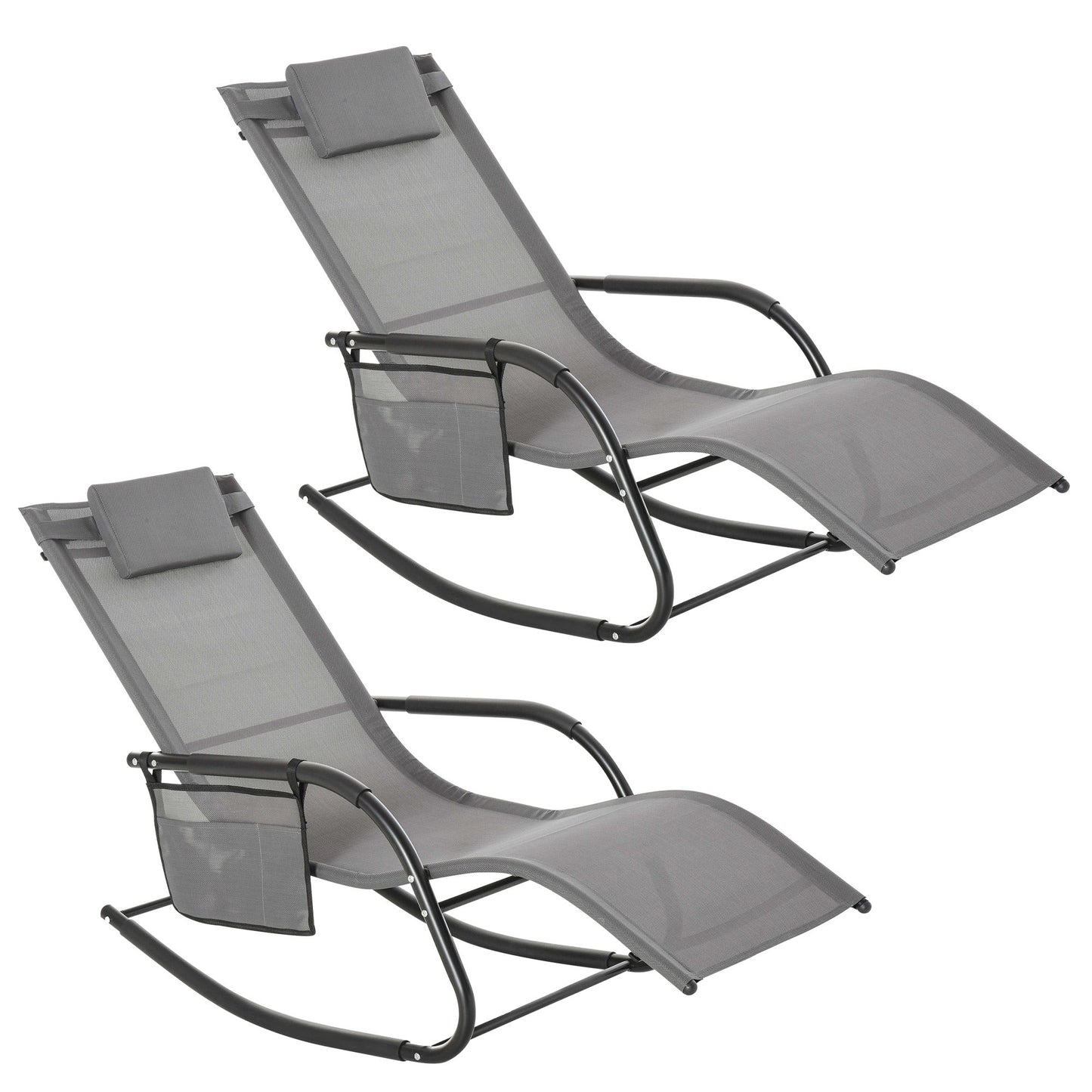 2 Piece Outdoor Garden Rocking Chair Patio Sun Lounger Rocker, Breathable Mesh, Removable Headrest Pillow, Armrest, Side Storage - Grey