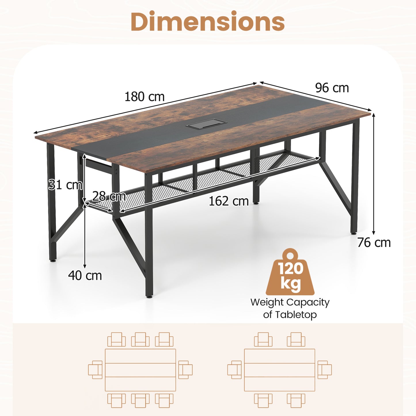 180 CM Conference Table Large Meeting Table for 6-8 People-Rustic Brown