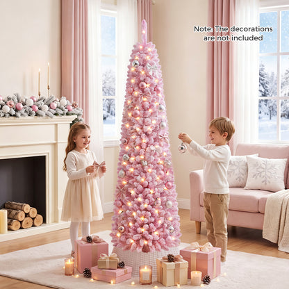 180 cm Pink Artificial Christmas Tree, Pre-lit Pencil Xmas Tree