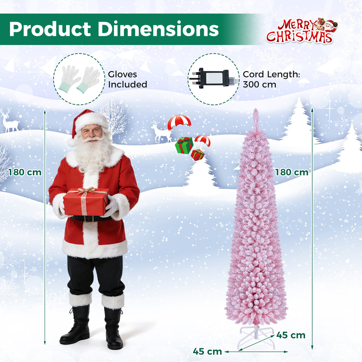 180 cm Pink Artificial Christmas Tree, Pre-lit Pencil Xmas Tree