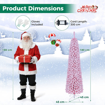 180 cm Pink Artificial Christmas Tree, Pre-lit Pencil Xmas Tree