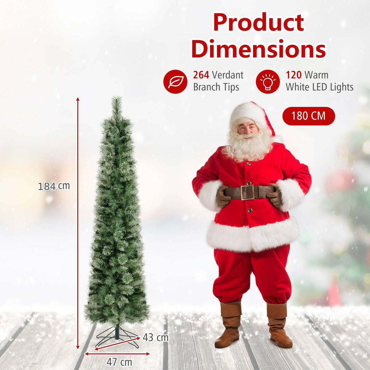 180 cm Pre-lit Pencil Christmas Tree with 120/150 Warm White LED Lights and 8 Modes