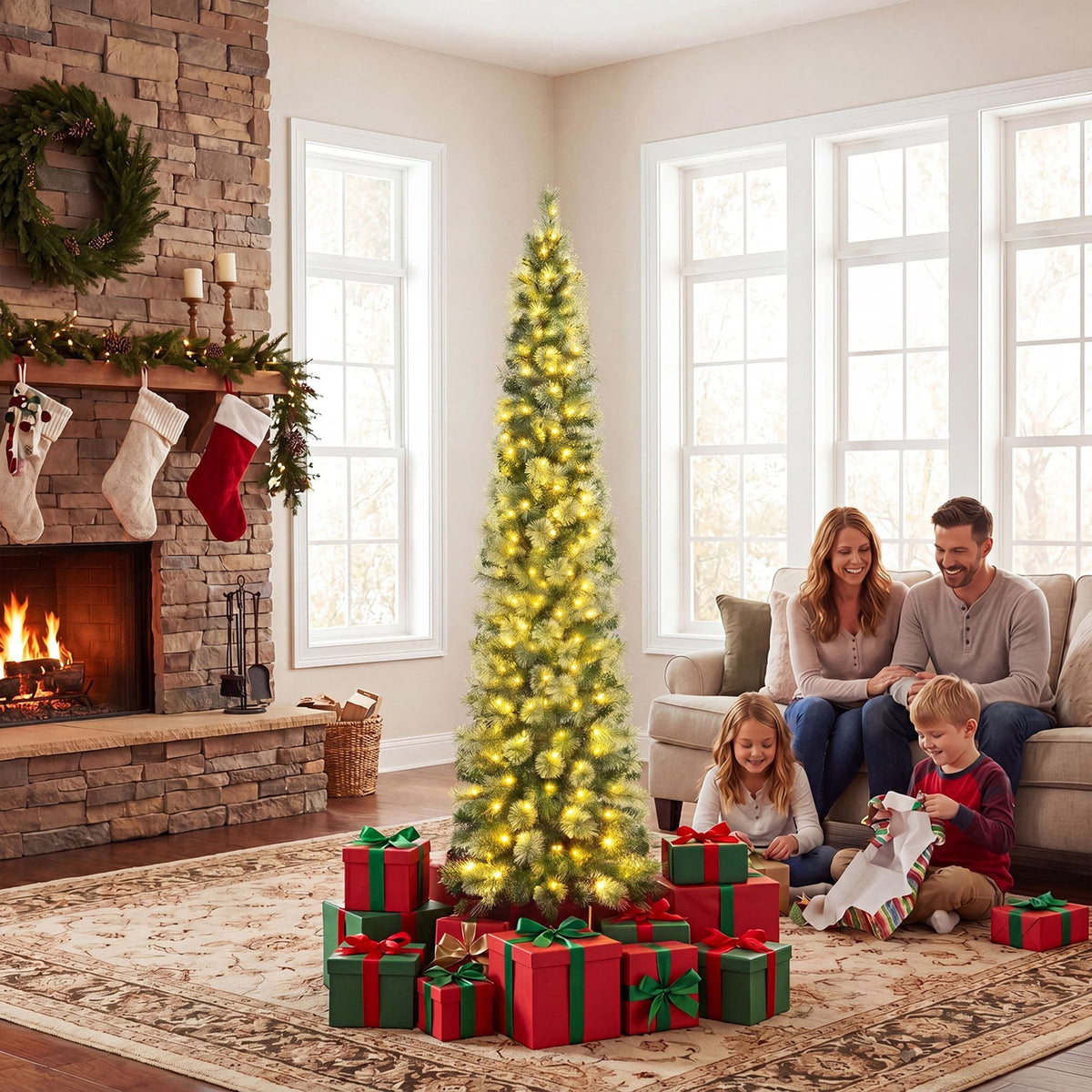 180 cm Pre-lit Pencil Christmas Tree with 120/150 Warm White LED Lights and 8 Modes