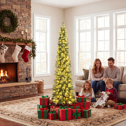 180 cm Pre-lit Pencil Christmas Tree with 120/150 Warm White LED Lights and 8 Modes