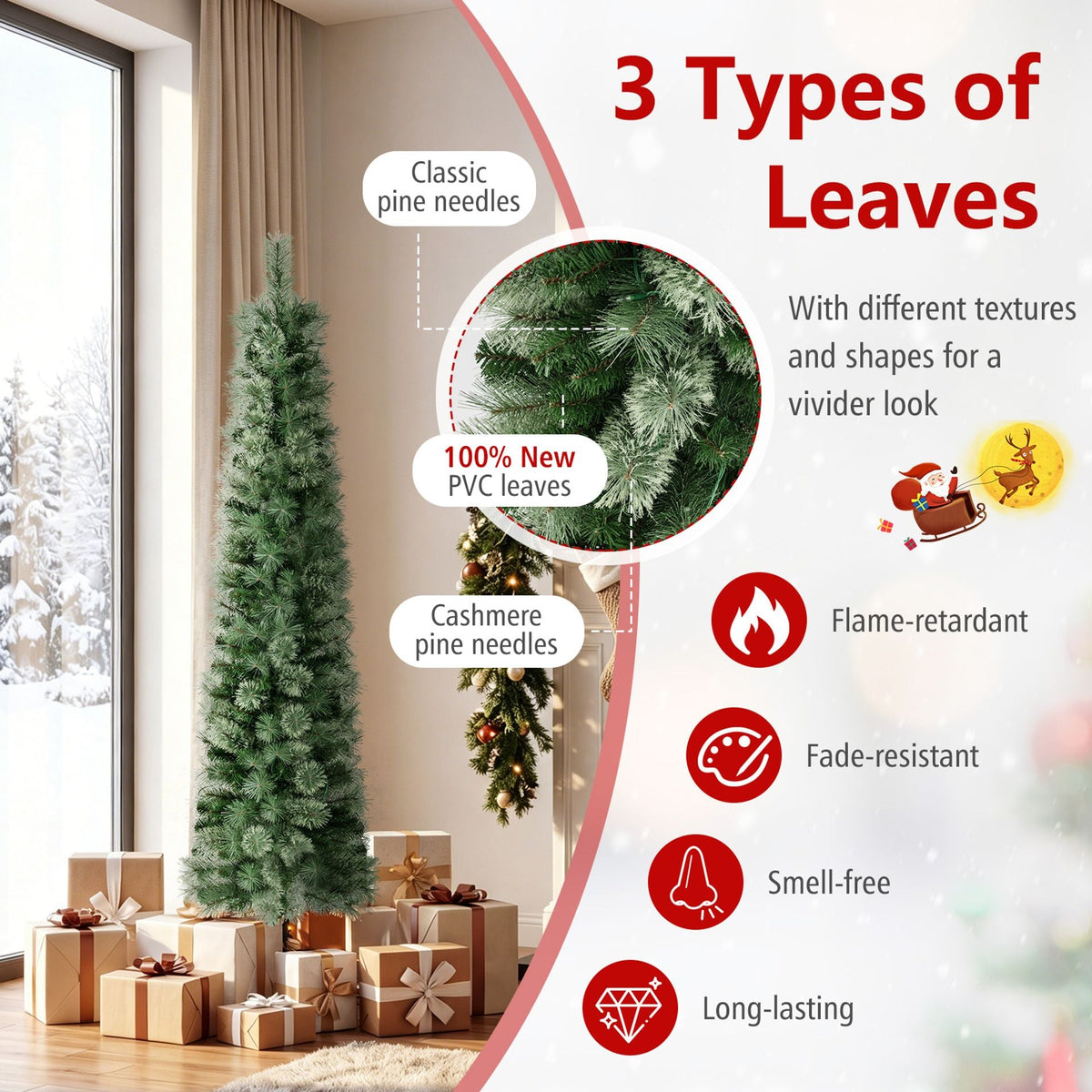 180 cm Pre-lit Pencil Christmas Tree with 120/150 Warm White LED Lights and 8 Modes