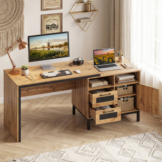 180 cm Wooden Executive Desk with Open Compartments-Natural