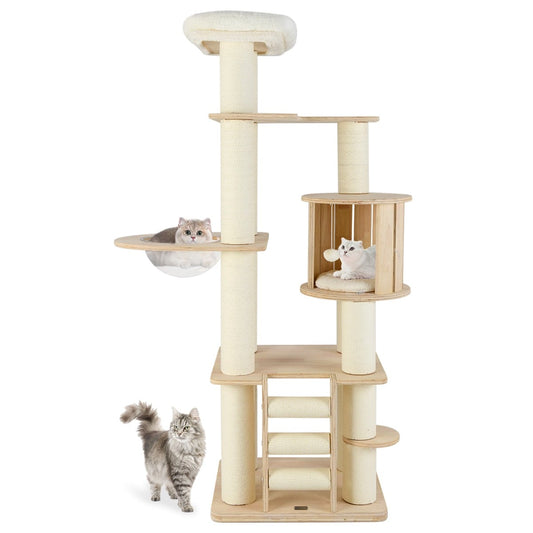 180 cm Tall Cat Tree with Cozy Perch Condo Space Capsule 12 cm Scratching Posts-Natural