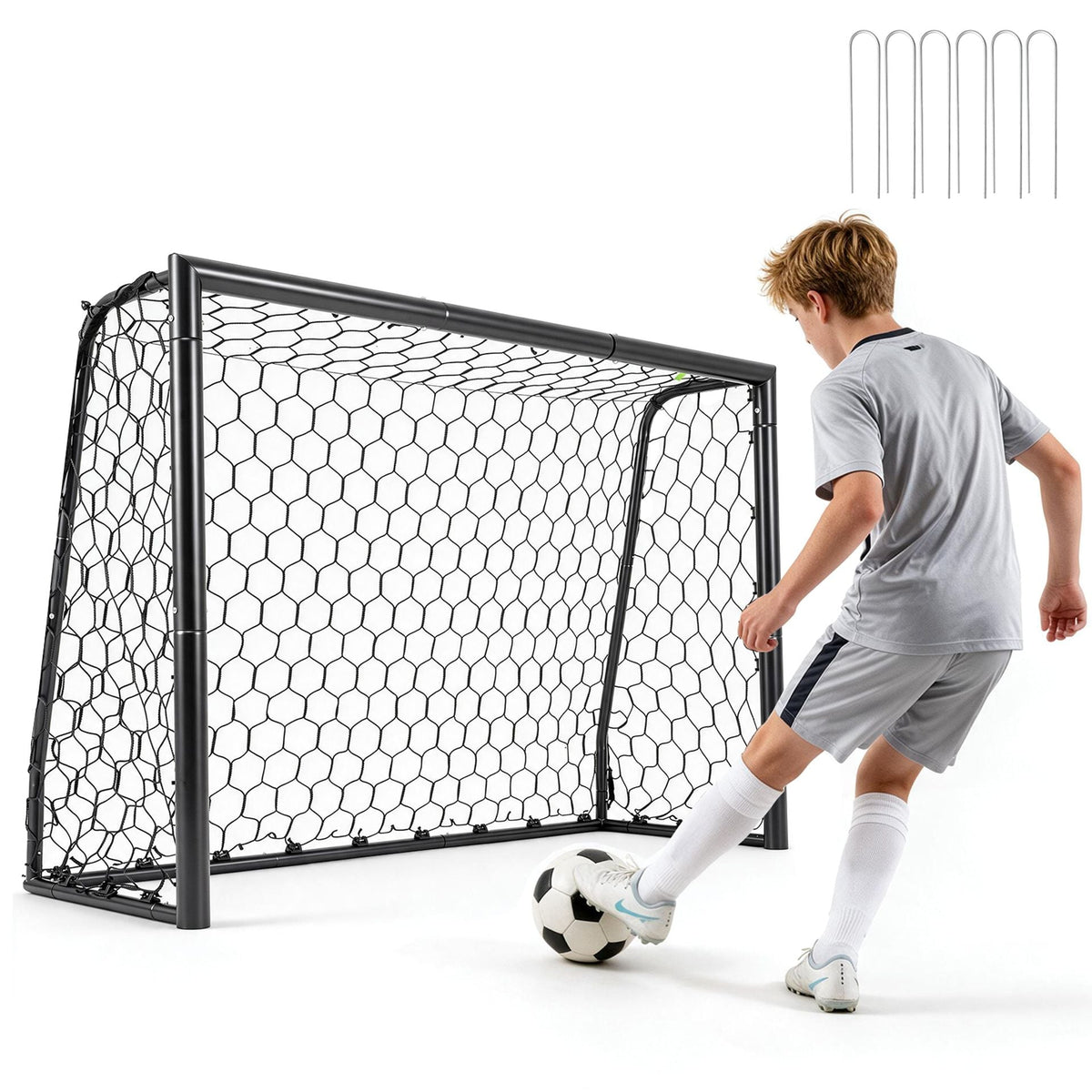 180 x 60 cm Soccer Goal Galvanized Metal Frame with Tear-Resistant Net and 6 Ground Stakes-S