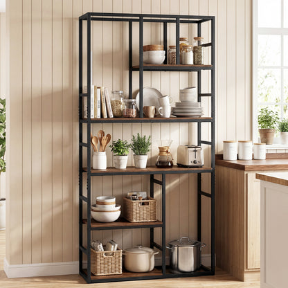 180CM Tall Bookshelf with Open Display Shelf and Metal Frame-Rustic Brown