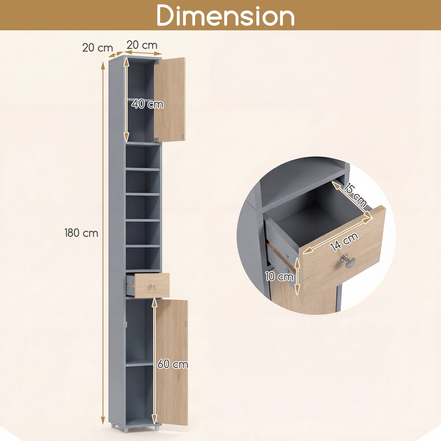 180CM Tall Freestanding Bathroom Cabinet with 2 Doors and 1 Drawer-Oak