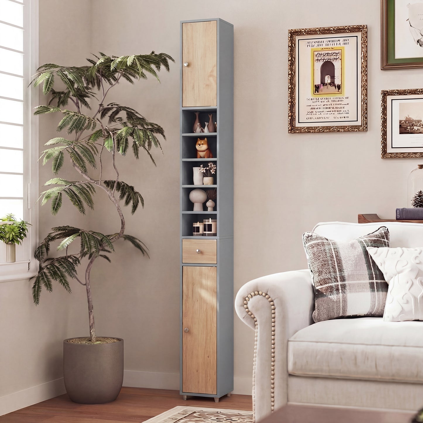 180CM Tall Freestanding Bathroom Cabinet with 2 Doors and 1 Drawer-Oak