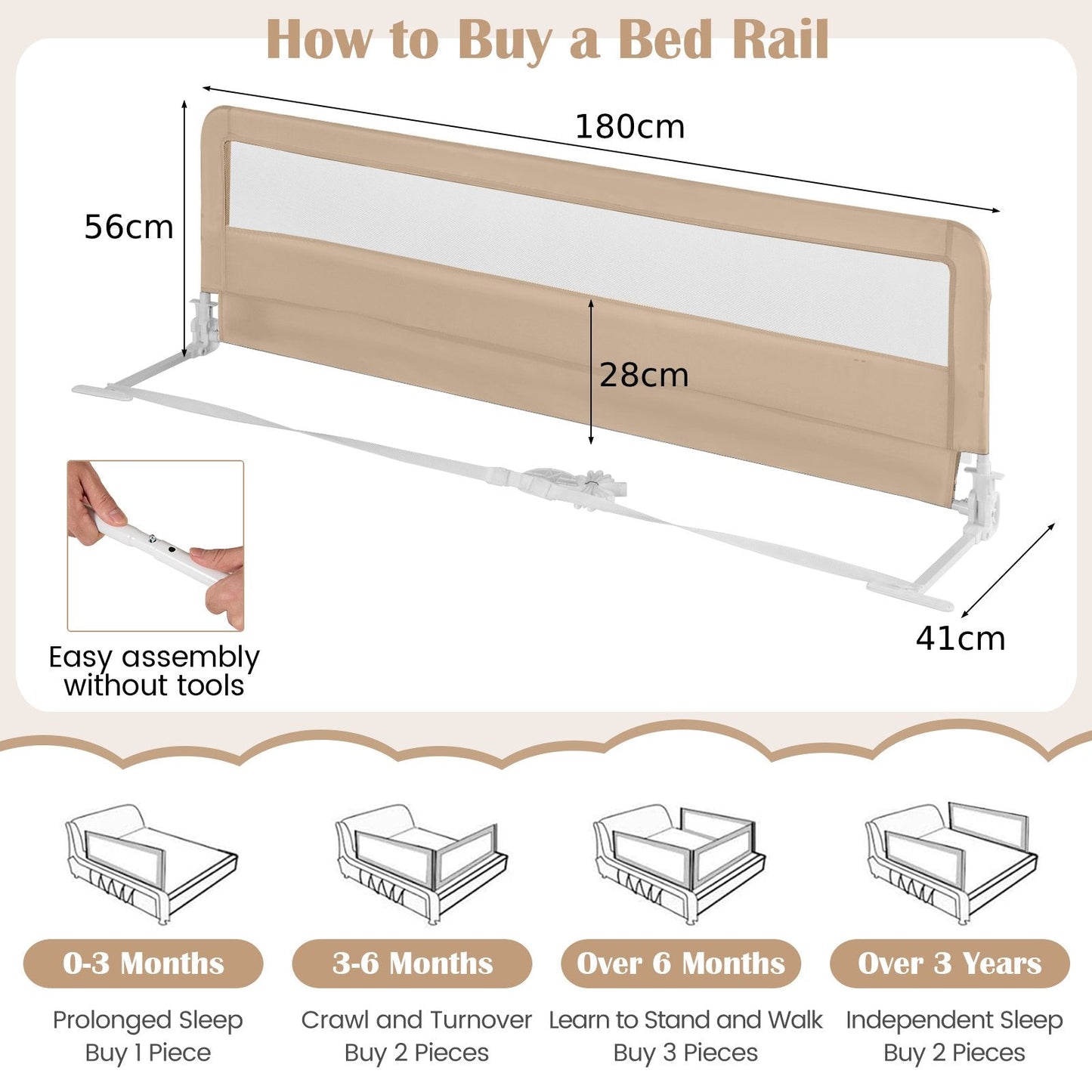 180CM Foldable Baby Bed Rail Guard with Removable Cover and Safety Strap-Beige
