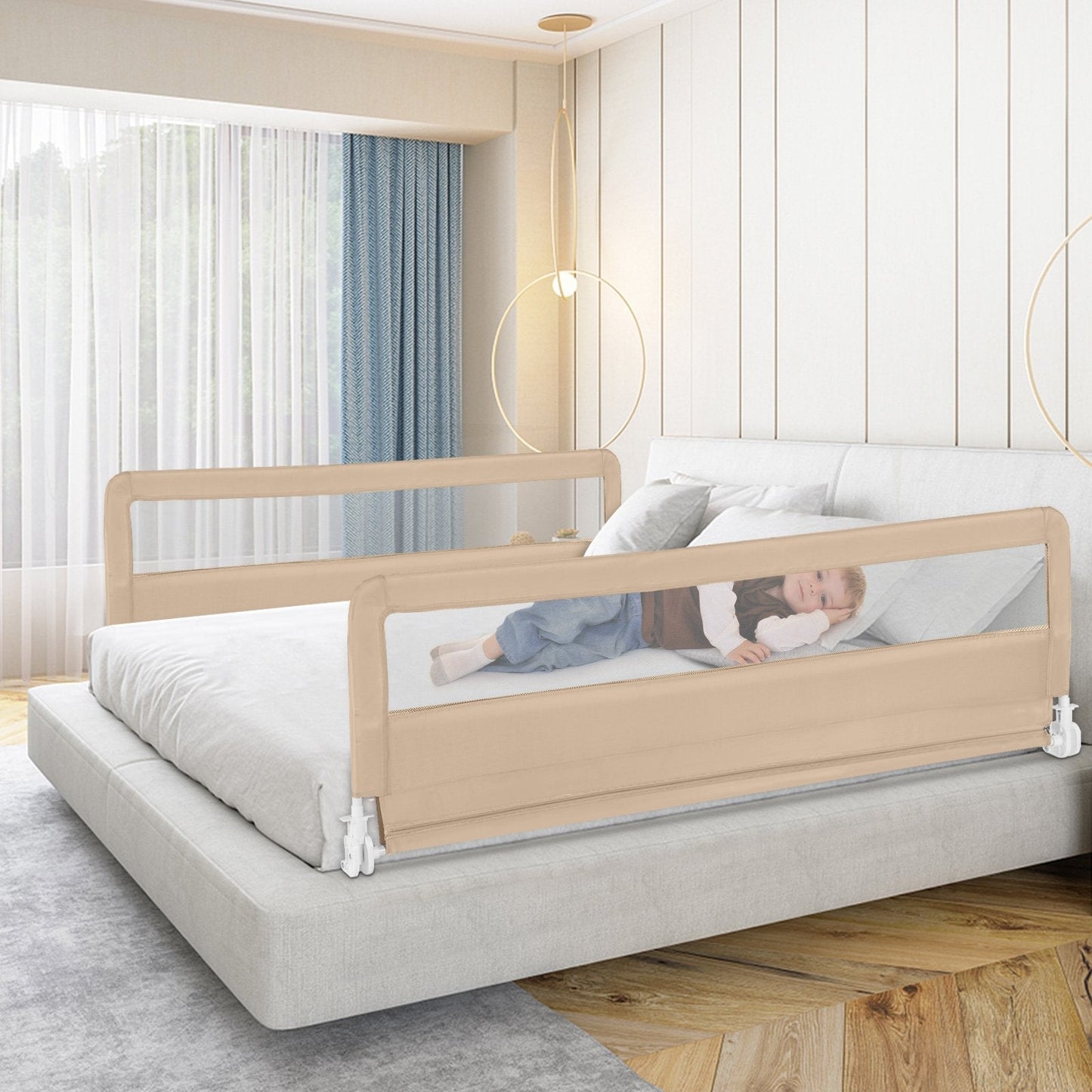 180CM Foldable Baby Bed Rail Guard with Removable Cover and Safety Strap-Beige