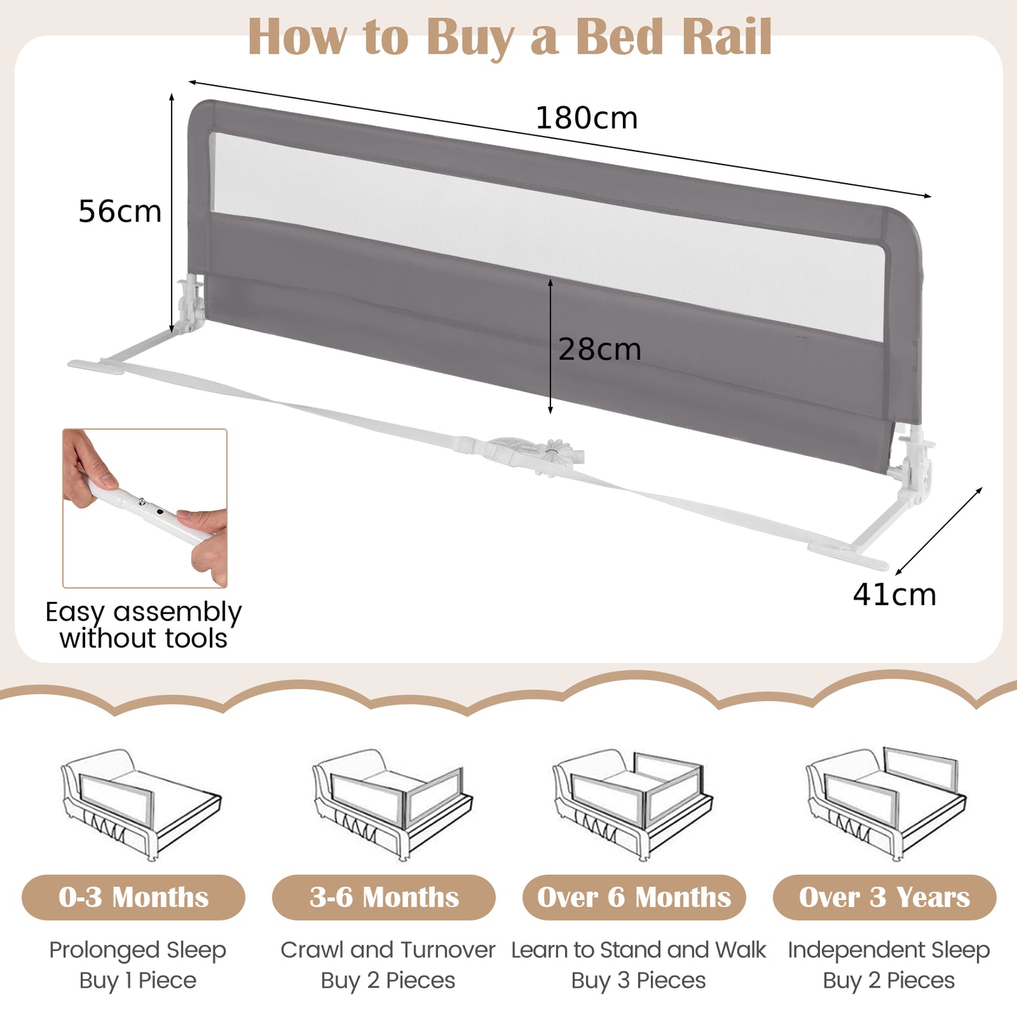 180CM Foldable Baby Bed Rail Guard with Removable Cover and Safety Strap-Grey
