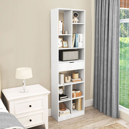 180cm Tall Bookcase with Drawer and 10 Open Cubes-White