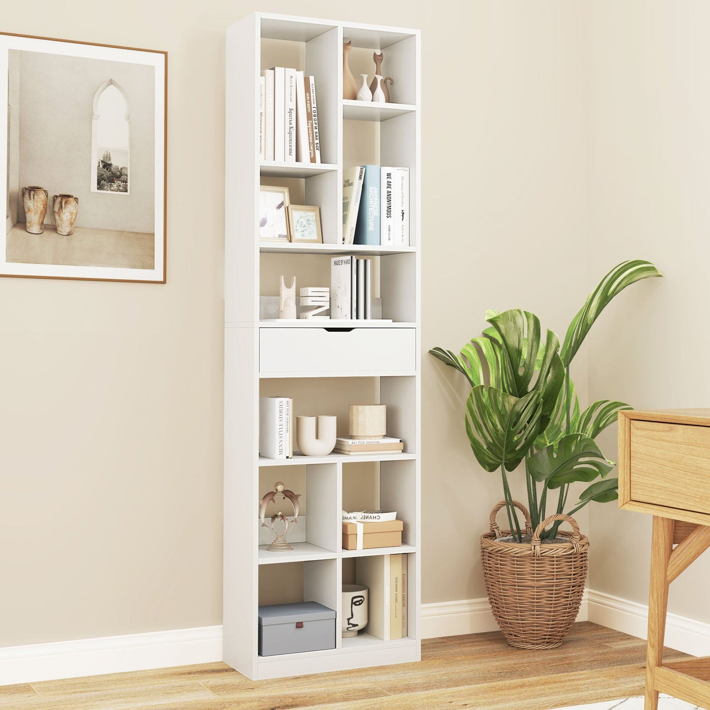 180cm Tall Bookcase with Drawer and 10 Open Cubes-White