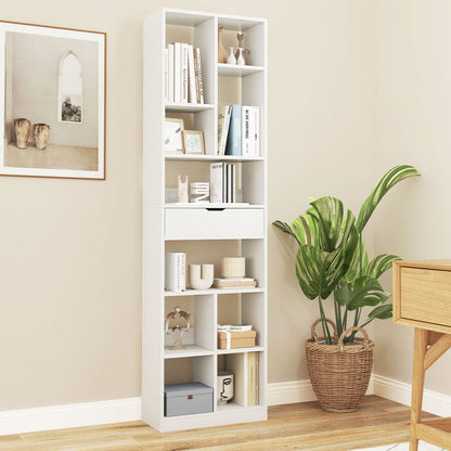 180cm Tall Bookcase with Drawer and 10 Open Cubes-White