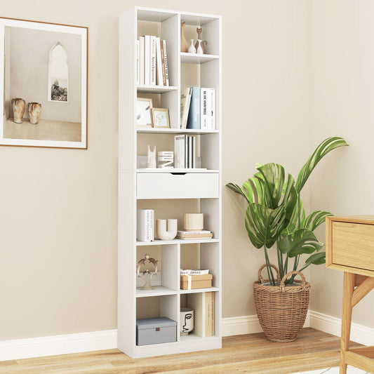 180cm Tall Bookcase with Drawer and 10 Open Cubes-White